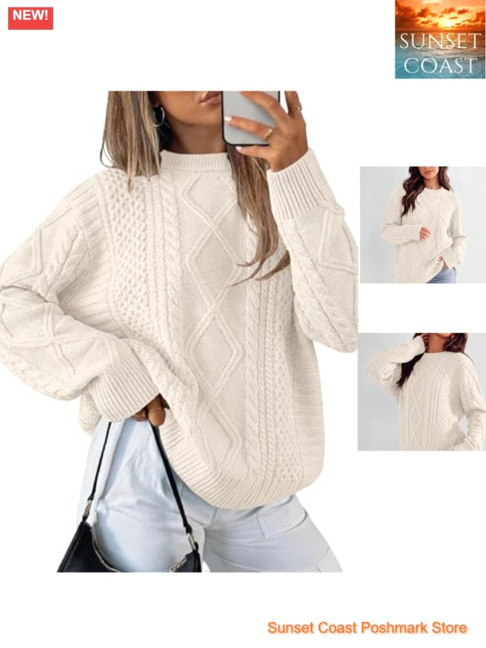 Oversized Cable Knit Pullover Sweater Crewneck Long Sleeve